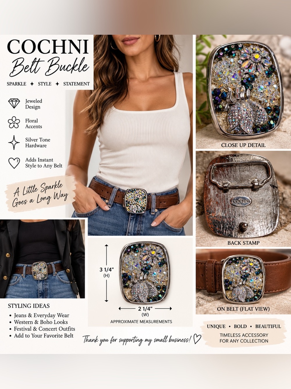 Cochni Jeweled Crystal Beaded Statement Belt Buckle Silver Tone Floral